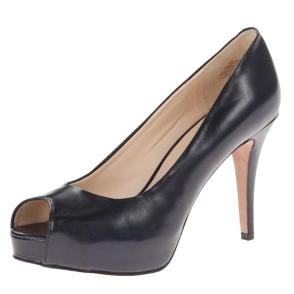 Nine West Black Leather Peep Toe Platform High Heels Pumps